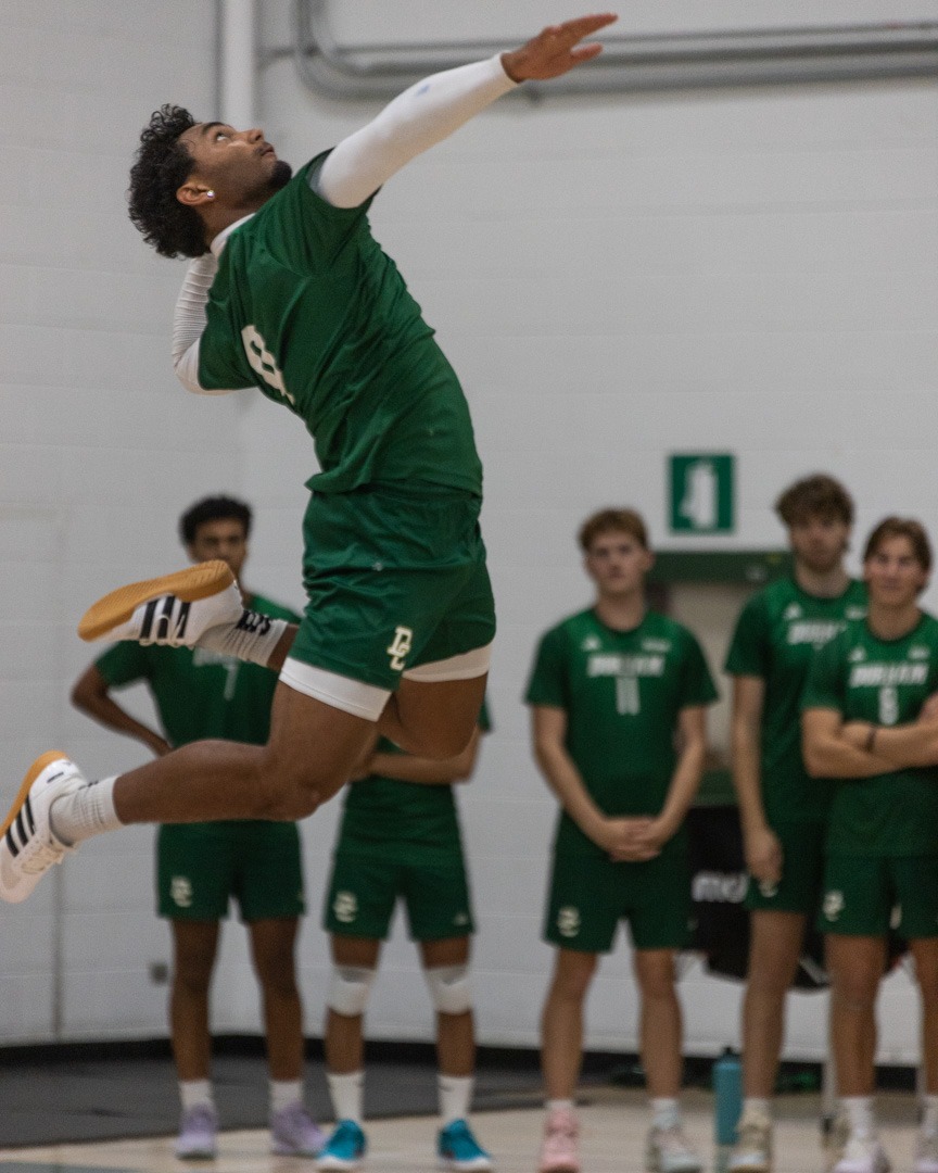 A male volleyball player is mid-jump, with teammates in the background watching.