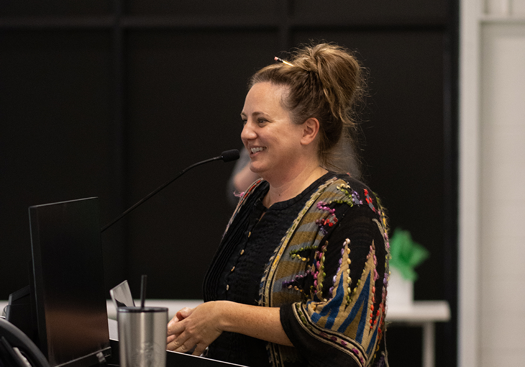 Lauren Abiouness speaking to students at Durham College on October 27, 2025.