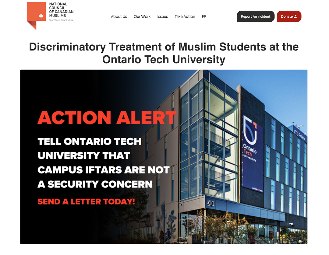 Screenshot of the webpage of the National Council of Canadian Muslims, where their petition to the Ontario Tech University administration is published. The top left section has the group's logo in orange, followed by the headline and a graphic with bold text