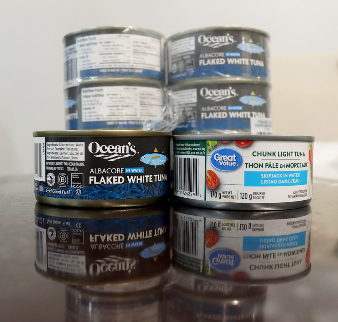 Stacks of tuna cans.