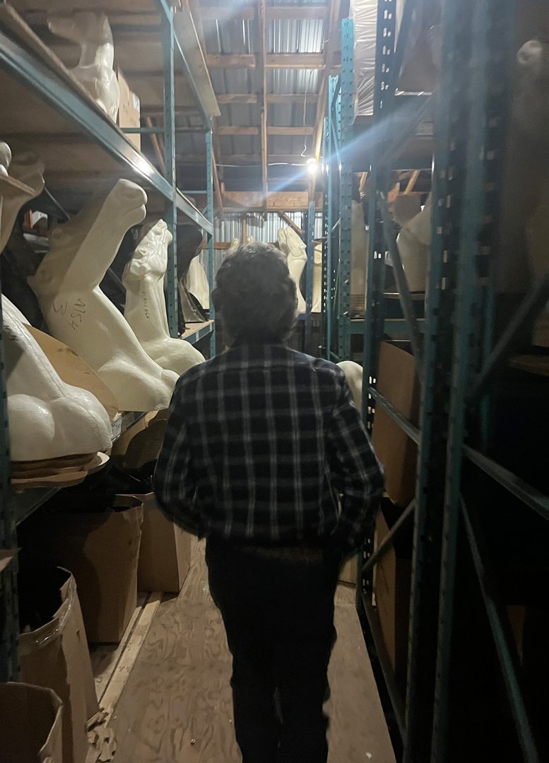 Peter Knapton walking through his shop filled with all of the forms for future taxidermy endeavours, on Thursday, October 23rd, 2025, north of Parry Sound.