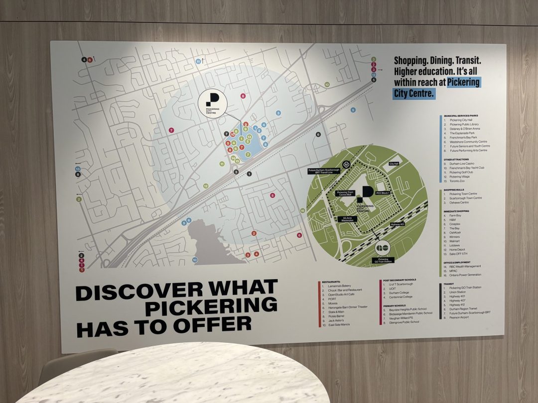 A white map with multi-coloured legends and the words "Discover what Pickering has to offer."