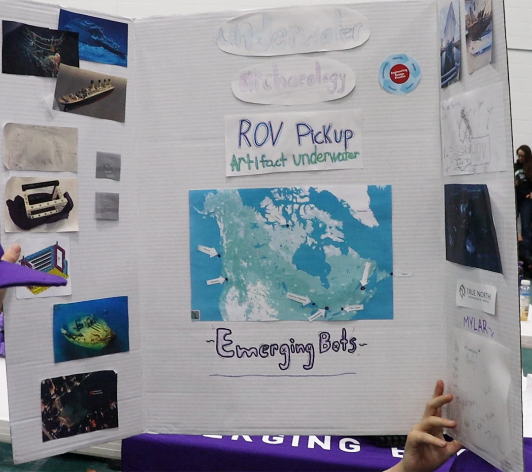 Cardboard separated into three sections showing images and machine designs of underwater. archaeology.