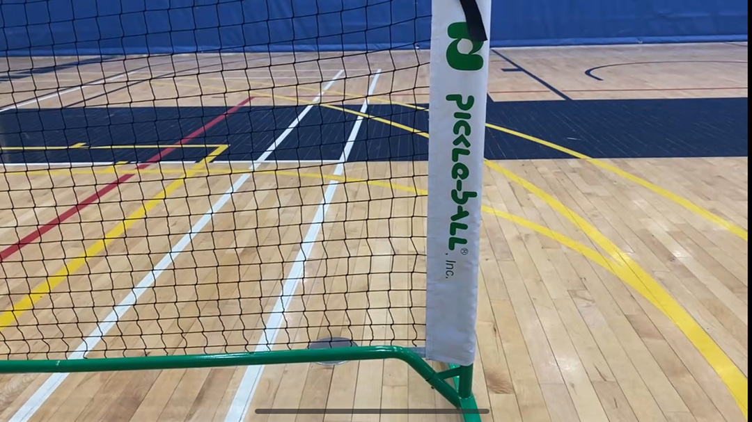 A white post attached to a green net on a gym floor with coloured lines.