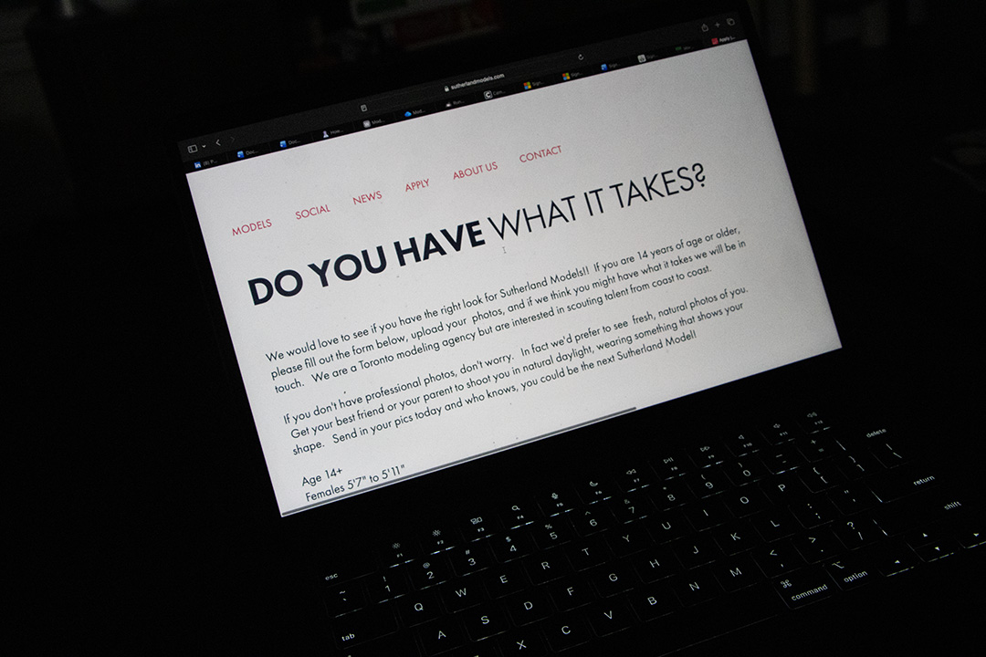 A computer screen showing Sutherland Models application page. It&squot;s page has "DO YOU HAVE WHAT IT TAKES?" shown in all caps.
