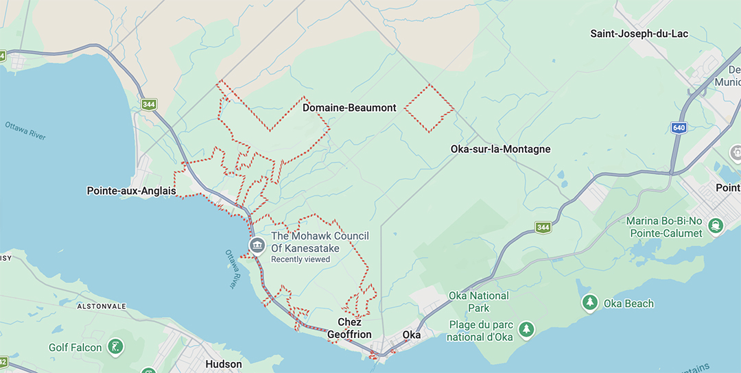 Map of Kanesatake, a Mohawk reserve in Quebec, Canada. Photo credit Google Maps