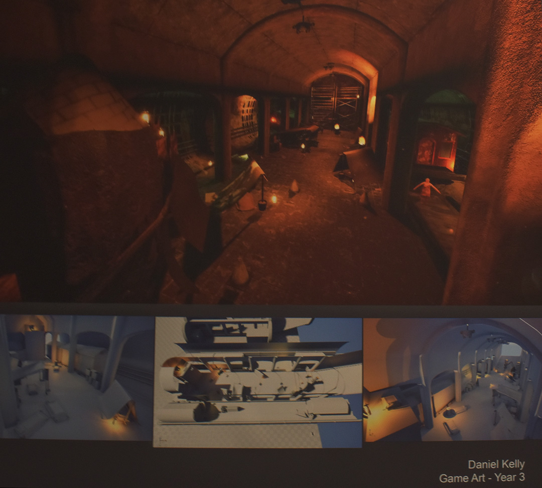 A grid layout with dimly light design of an abandoned subway and three blue and white pictures below it show the beginning stages of the structure.