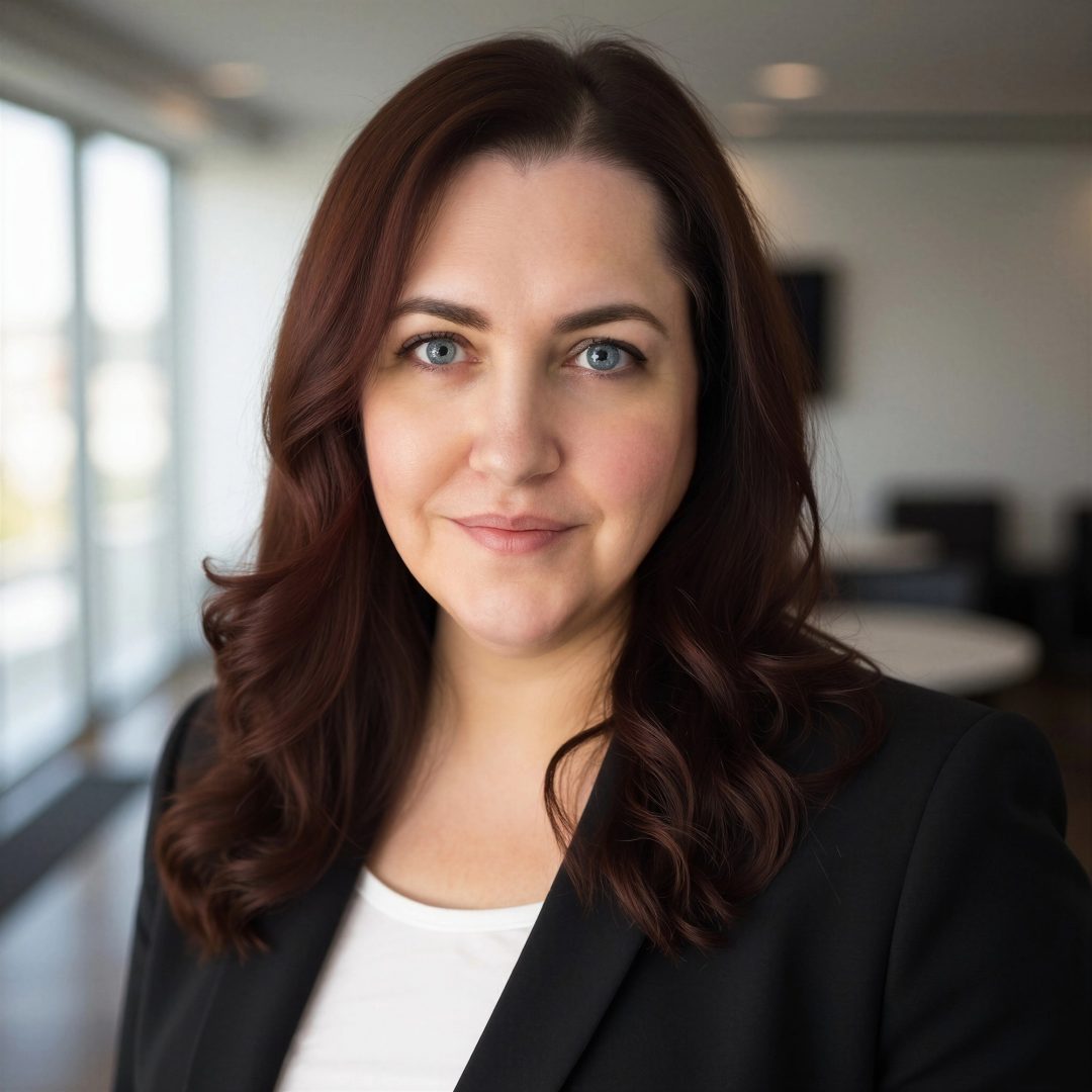 Headshot of a woman looking into a camera in a professional attire against a blurred background