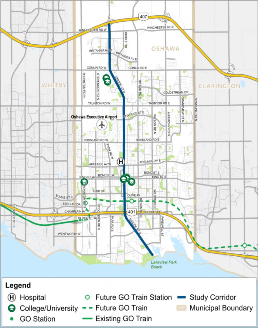 A traffic map laying out the future of transit on and around Simcoe Street in Oshawa, including the study route for the aerial car.