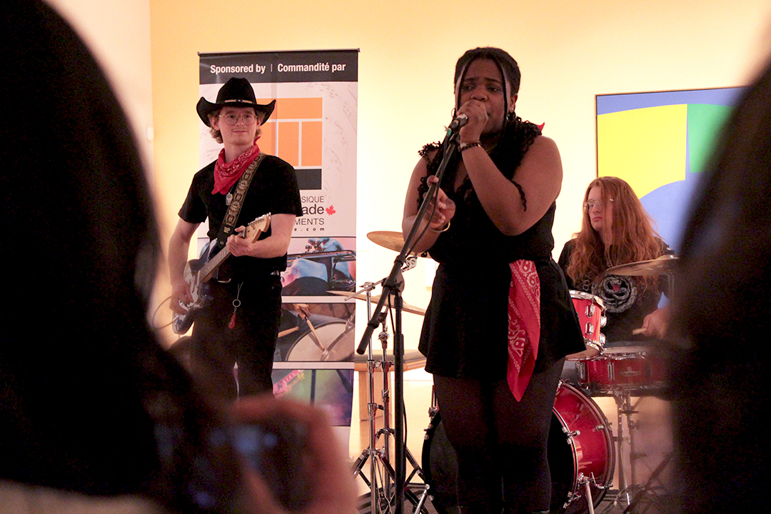 Audience members watch as a woman sings and plays guitar on stage.