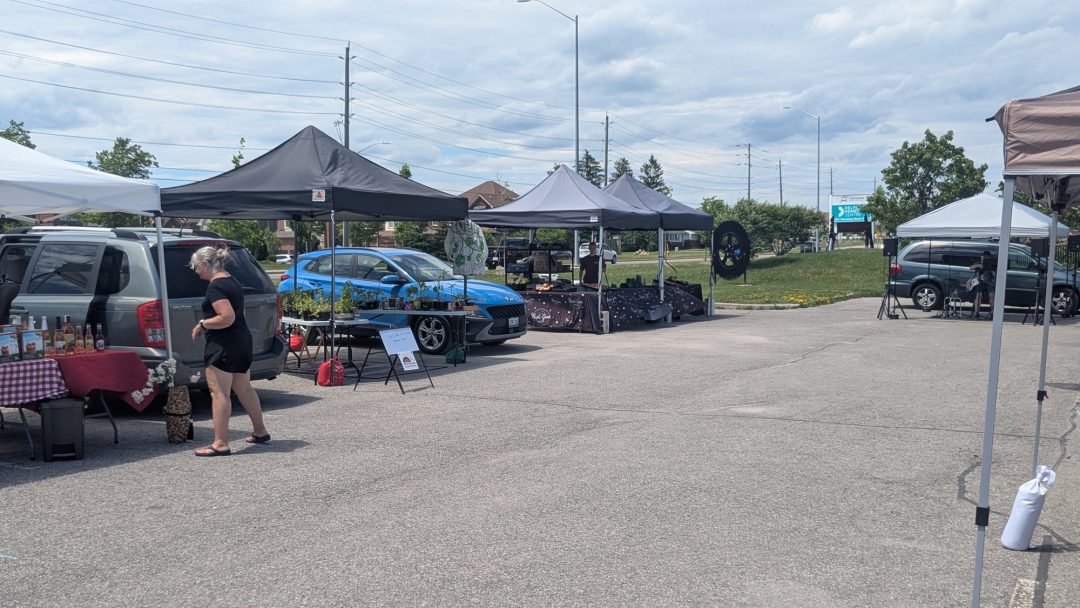A row of tents with cars parked beside them and tables displaying food under them.