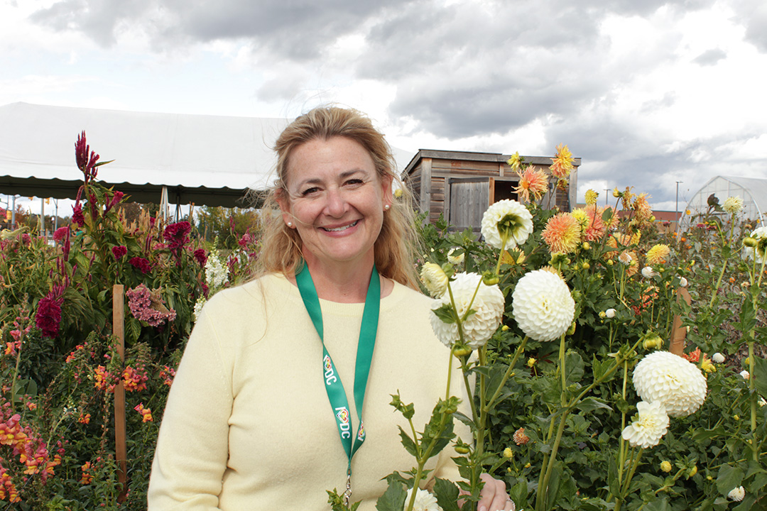 A blonde woman wearing a yellow shirt stands among rows of tall flowers